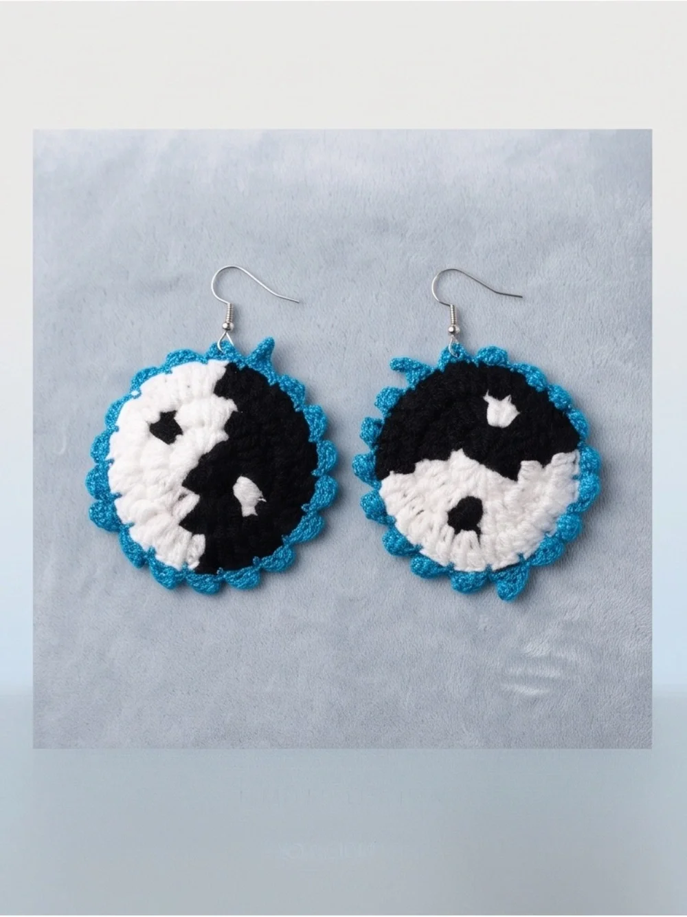 Handmade Kids Yin Yang Crochet Earrings in Black, White & Blue Trim